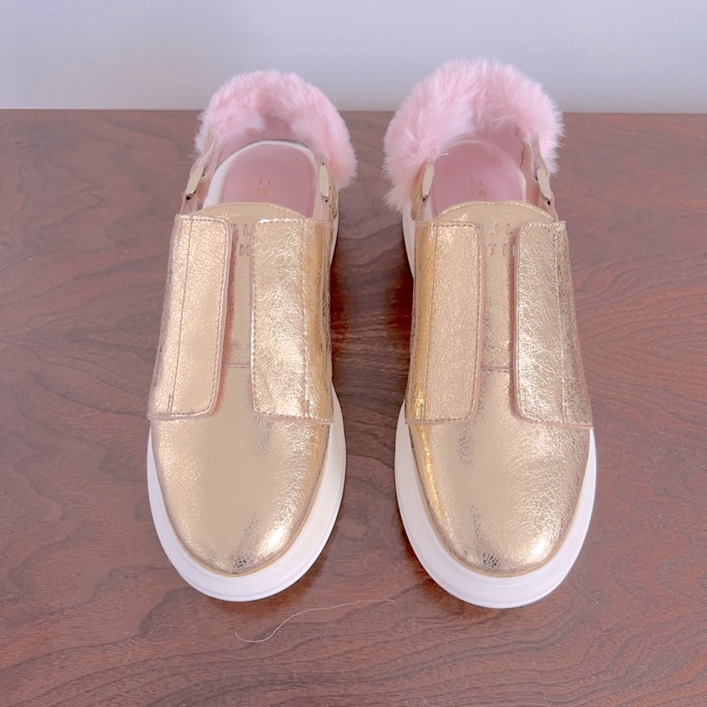 Hollie Watman Gold Leather Sneaker with Pink Fur Slingback. Size 7.5.